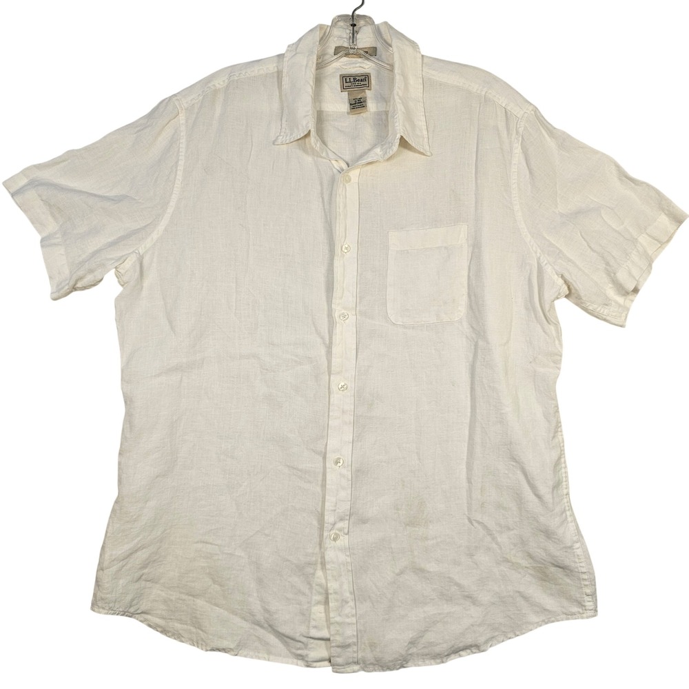 LL Bean Mens XL White 100% Linen Short Sleeve Button Down Shirt 288677